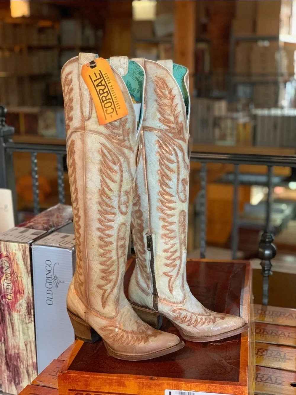 Corral Distressed Cream Copper Cognac Embroidery Tall Top Boots A4212